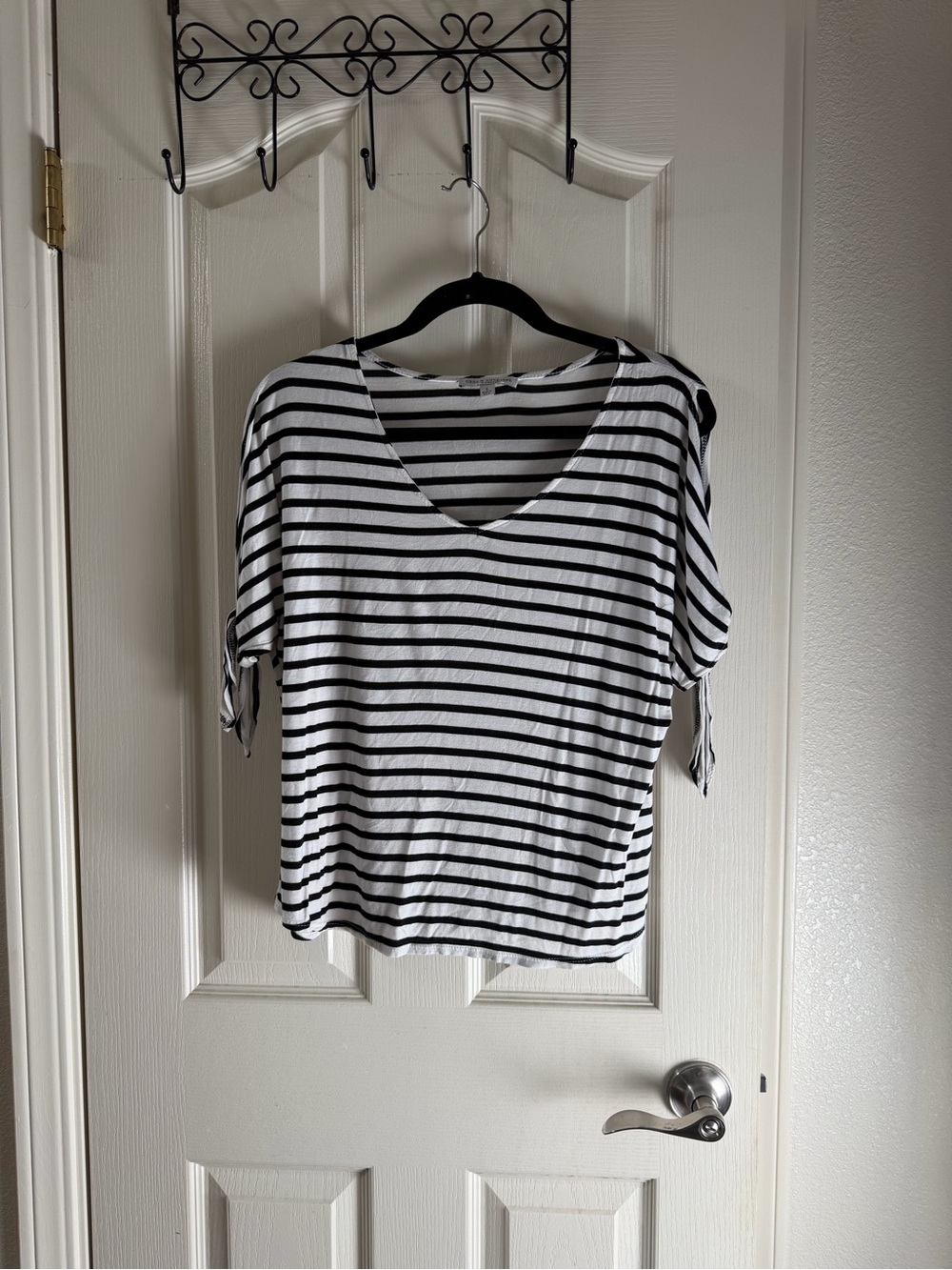 Green Envelope Black & White Striped V-Neck Short Sleeve Top